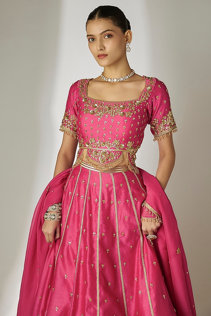 Pink Silk Chanderi Hand Embroidered Wedding Lehenga Set by Essay by Sumedha Agrawal at Pernia's Pop Up Shop
