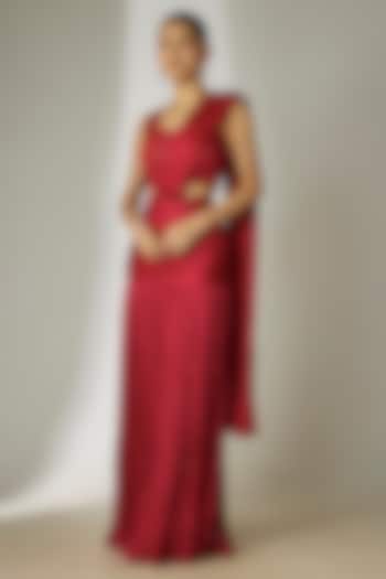 Red Viscose Chiffon Satin Hand Embroidered Pre-Stitched Wedding Saree Set by Essay by Sumedha Agrawal at Pernia's Pop Up Shop