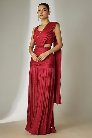 Red Viscose Chiffon Satin Hand Embroidered Pre-Stitched Saree Set by Essay by Sumedha Agrawal