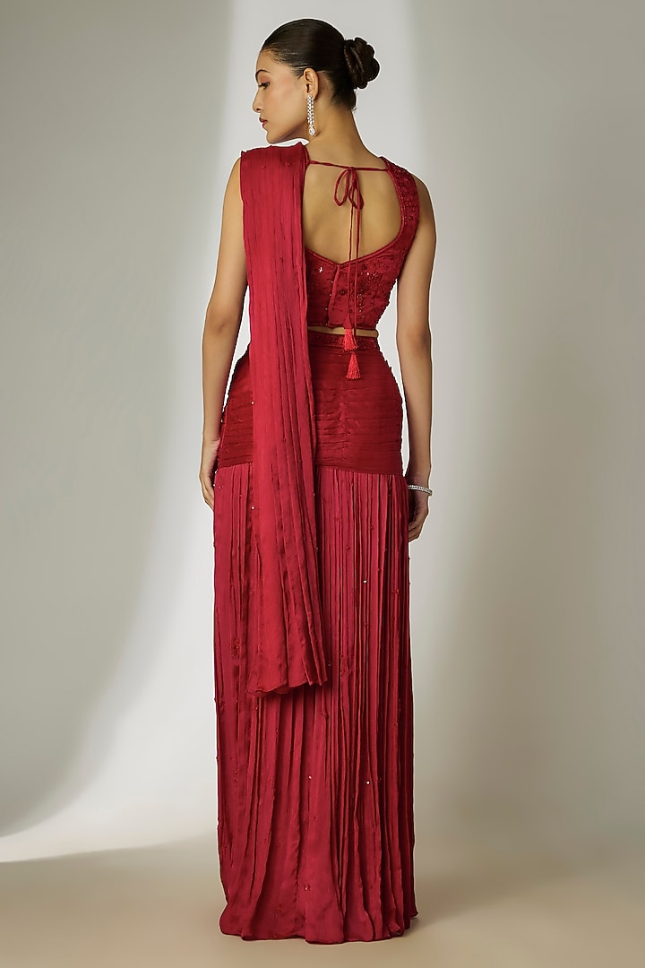 Red Viscose Chiffon Satin Hand Embroidered Pre-Stitched Wedding Saree Set by Essay by Sumedha Agrawal at Pernia's Pop Up Shop