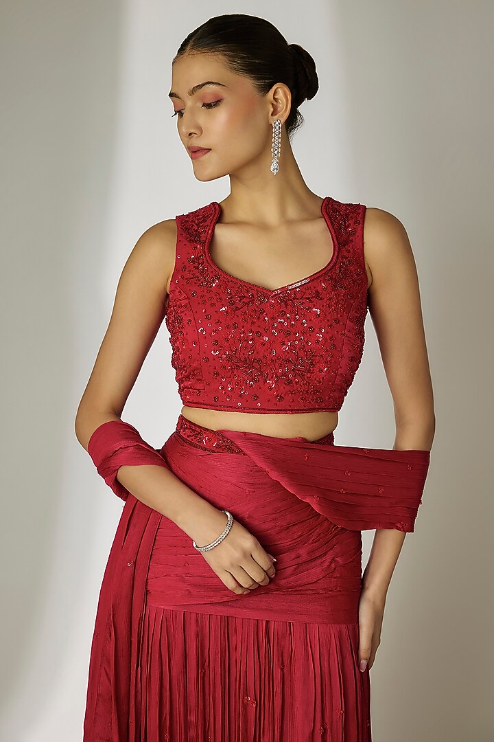 Red Viscose Chiffon Satin Hand Embroidered Pre-Stitched Wedding Saree Set by Essay by Sumedha Agrawal at Pernia's Pop Up Shop
