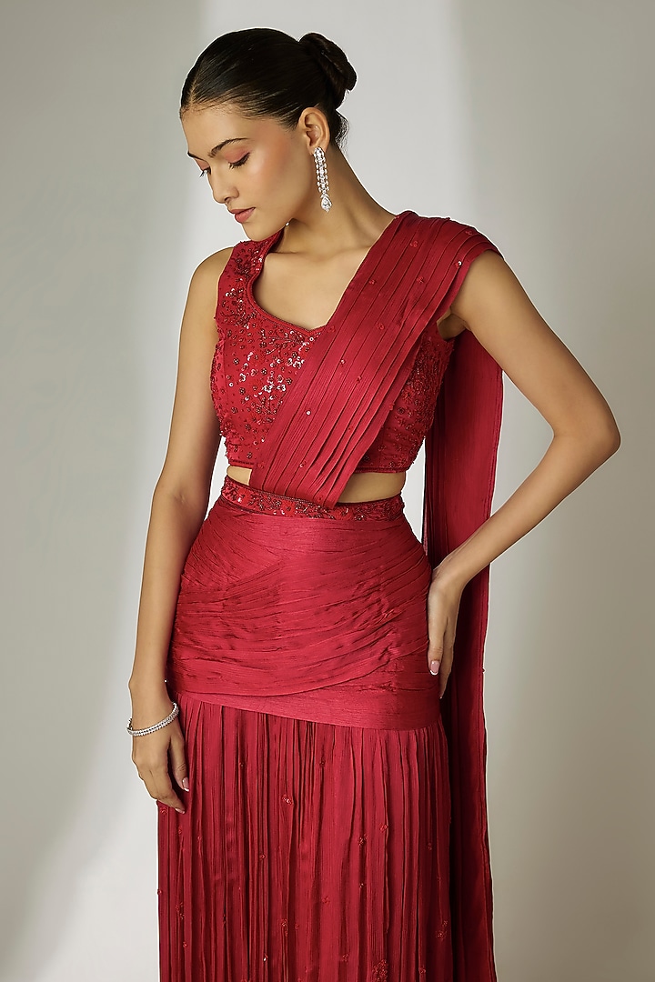 Red Viscose Chiffon Satin Hand Embroidered Pre-Stitched Wedding Saree Set by Essay by Sumedha Agrawal at Pernia's Pop Up Shop