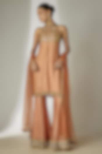 Rust Orange Crushed Silk Tissue Sequins Embroidered Party Wear Sharara Set by Essay by Sumedha Agrawal at Pernia's Pop Up Shop