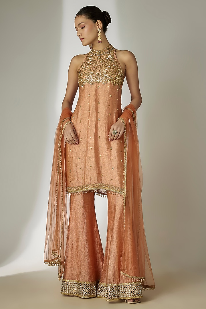 Rust Orange Crushed Silk Tissue Sequins Embroidered Party Wear Sharara Set by Essay by Sumedha Agrawal at Pernia's Pop Up Shop