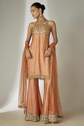 Rust Orange Crushed Silk Tissue Sequins Embroidered Sharara Set by Essay by Sumedha Agrawal