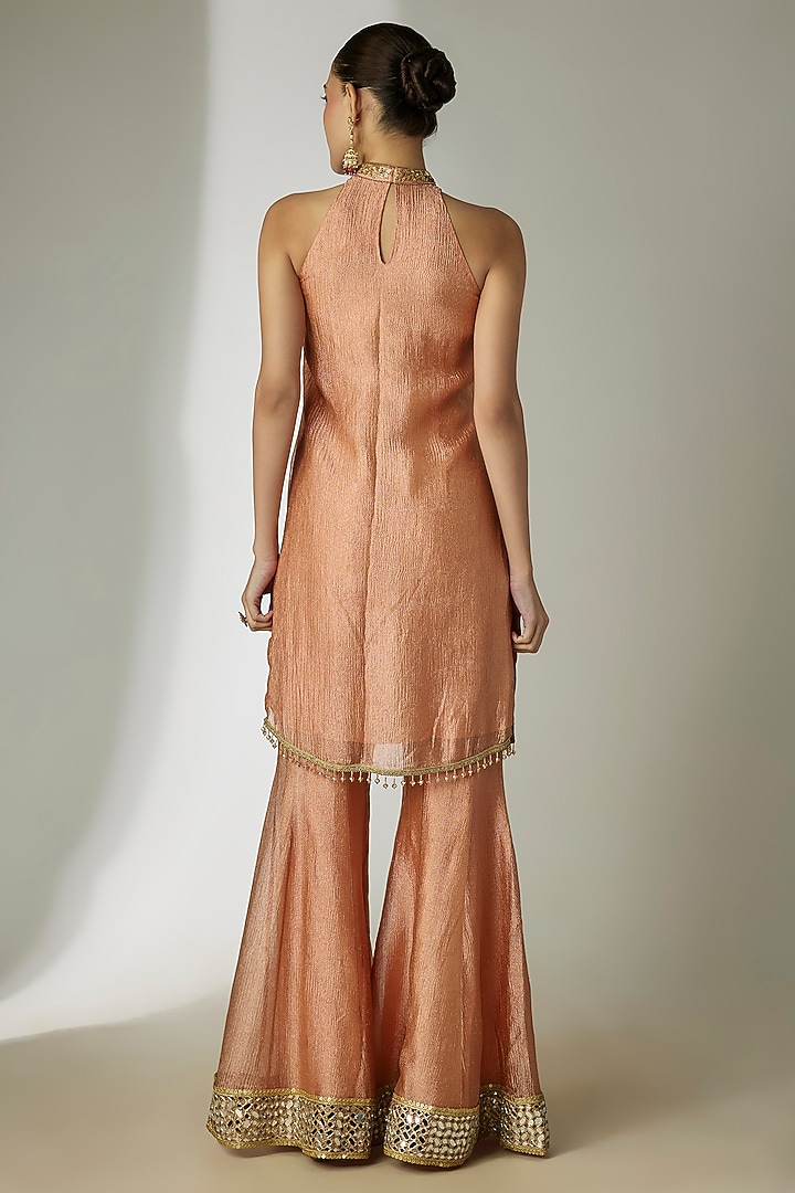 Rust Orange Crushed Silk Tissue Sequins Embroidered Party Wear Sharara Set by Essay by Sumedha Agrawal at Pernia's Pop Up Shop