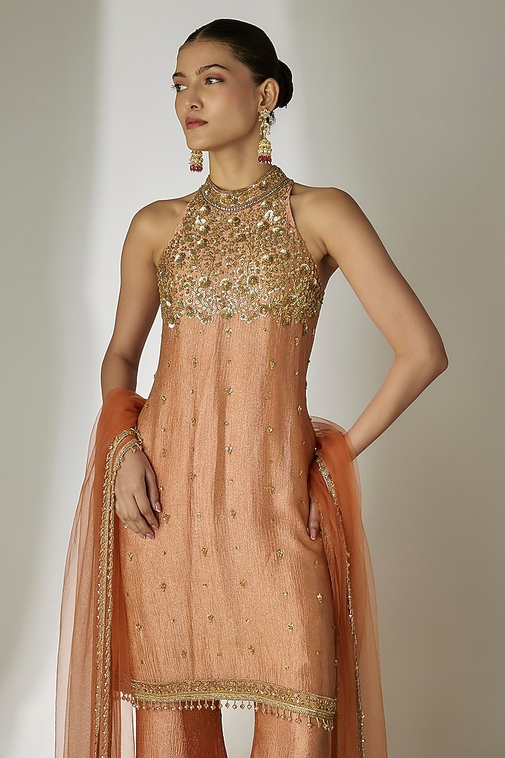 Rust Orange Crushed Silk Tissue Sequins Embroidered Party Wear Sharara Set by Essay by Sumedha Agrawal at Pernia's Pop Up Shop