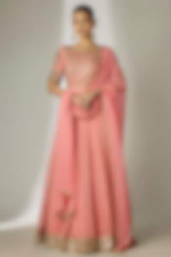 Peach Viscose Organza Hand Embroidered Wedding Anarkali Set by Essay by Sumedha Agrawal at Pernia's Pop Up Shop