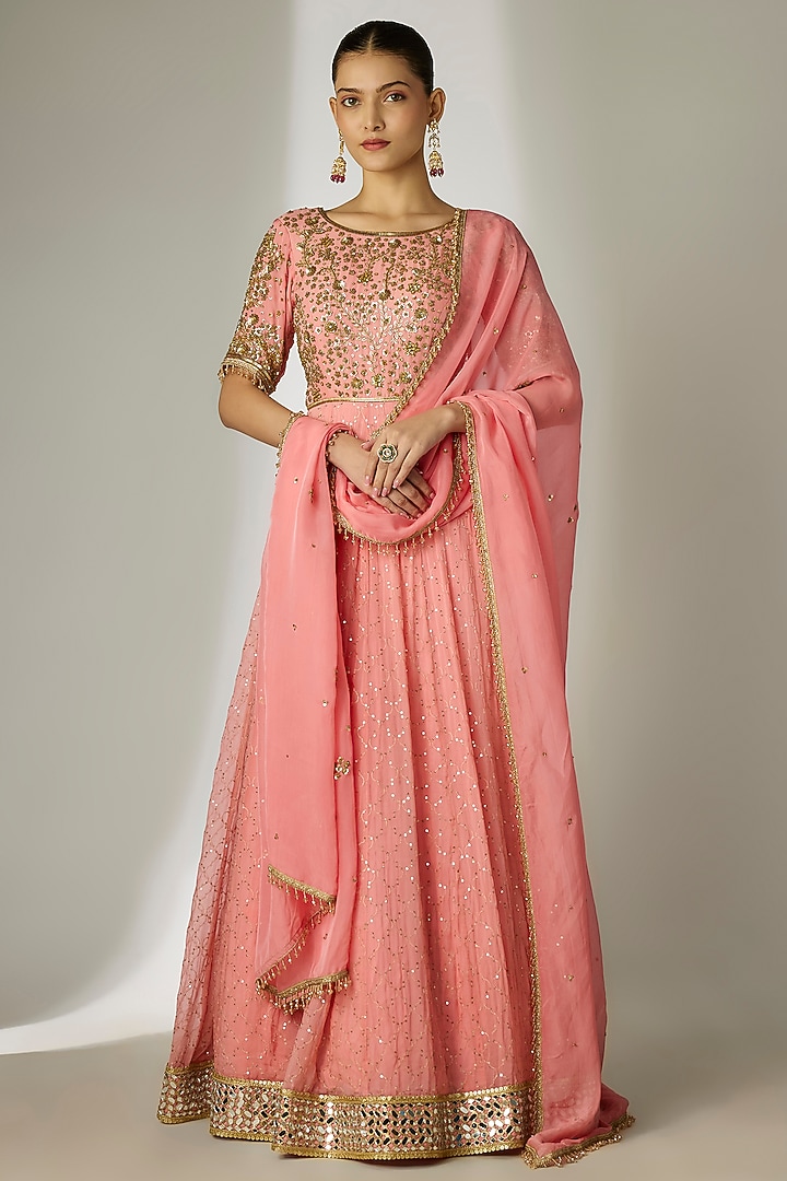 Peach Viscose Organza Hand Embroidered Wedding Anarkali Set by Essay by Sumedha Agrawal at Pernia's Pop Up Shop