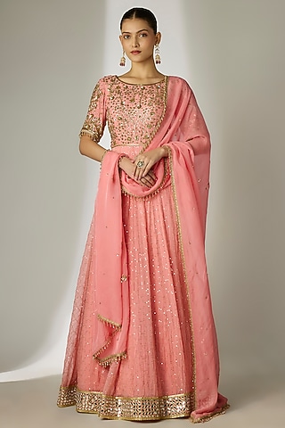 Peach Viscose Organza Hand Embroidered Anarkali Set by Essay by Sumedha Agrawal