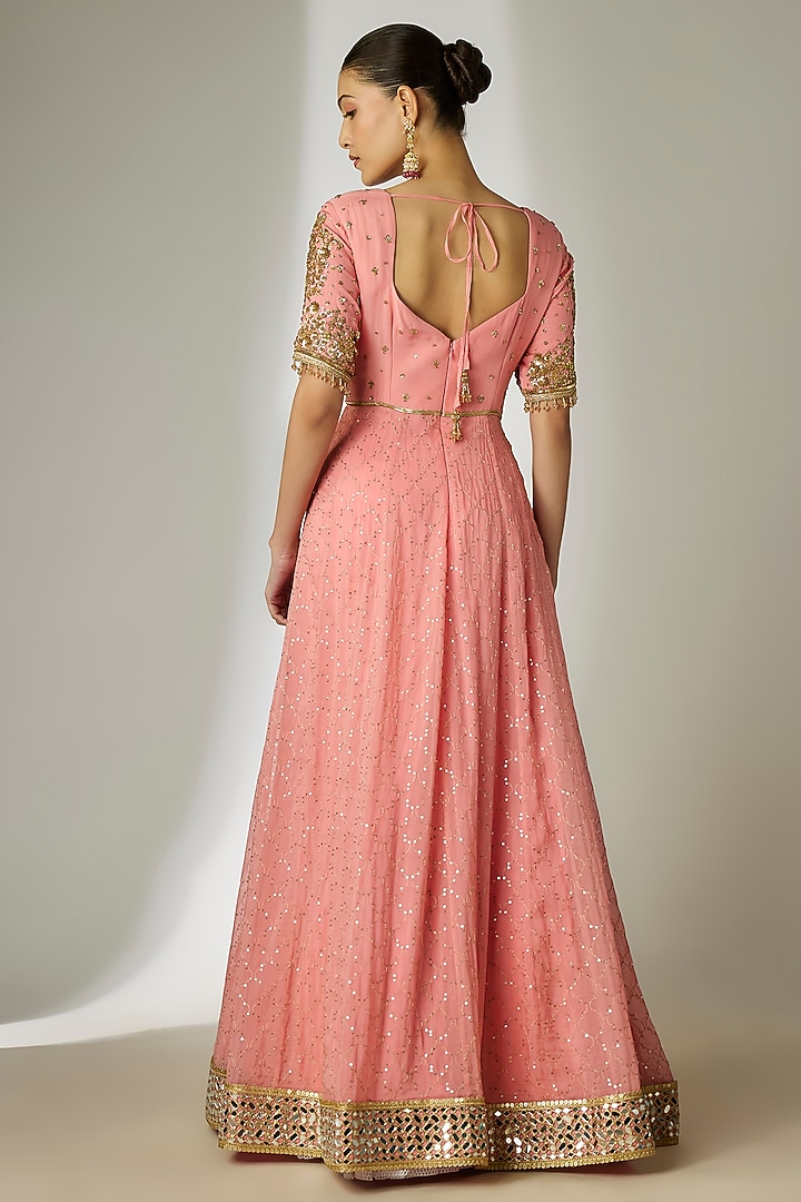 Peach Viscose Organza Hand Embroidered Wedding Anarkali Set by Essay by Sumedha Agrawal at Pernia's Pop Up Shop