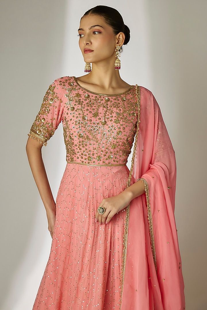 Peach Viscose Organza Hand Embroidered Wedding Anarkali Set by Essay by Sumedha Agrawal at Pernia's Pop Up Shop
