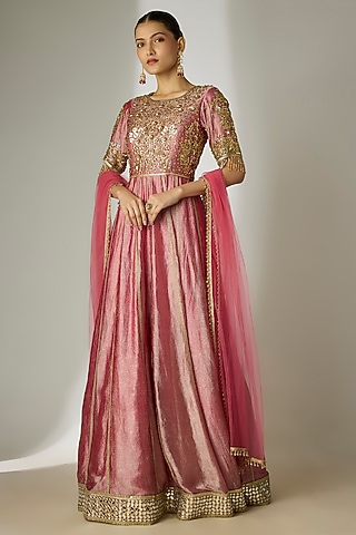 Pink Silk Tissue Hand Embroidered Anarkali Set by Essay by Sumedha Agrawal