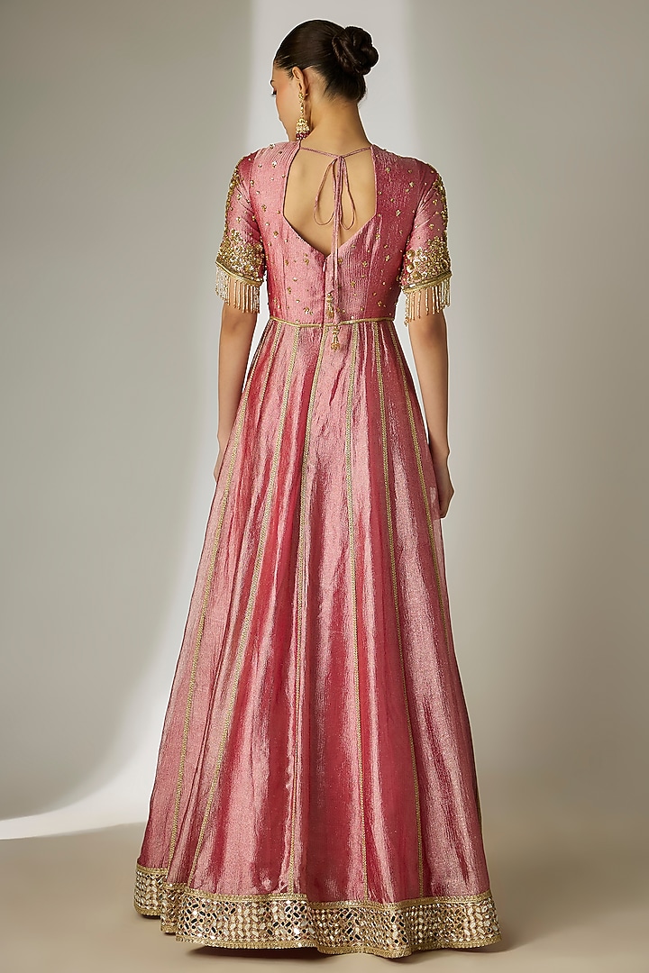 Pink Silk Tissue Hand Embroidered Wedding Anarkali Set by Essay by Sumedha Agrawal at Pernia's Pop Up Shop