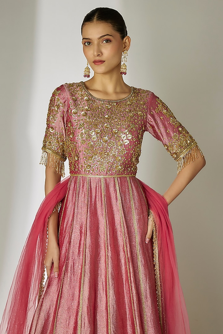 Pink Silk Tissue Hand Embroidered Wedding Anarkali Set by Essay by Sumedha Agrawal at Pernia's Pop Up Shop