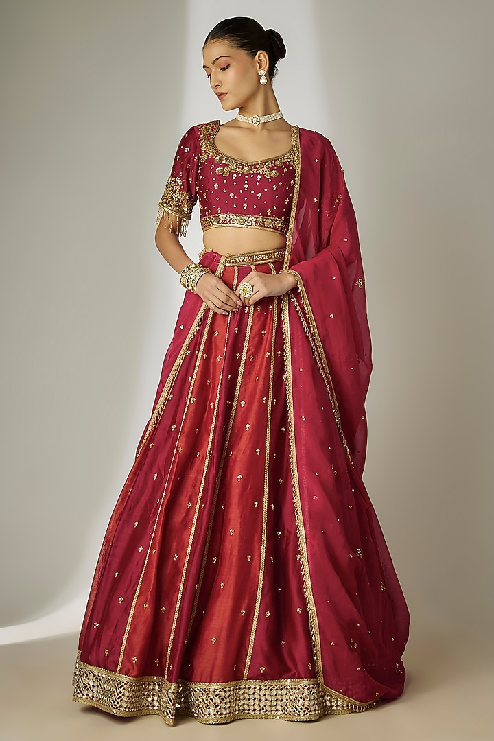 Red Silk Chanderi Sequins Embroidered Wedding Lehenga Set by Essay by Sumedha Agrawal at Pernia's Pop Up Shop