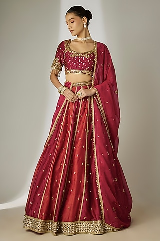 Red & Rust Silk Chanderi Hand-Embroidered Lehenga Set by Essay by Sumedha Agrawal