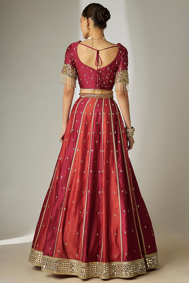Red & Rust Silk Chanderi Hand-Embroidered Wedding Lehenga Set by Essay by Sumedha Agrawal at Pernia's Pop Up Shop