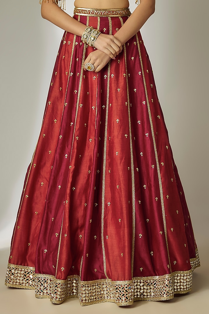 Red & Rust Silk Chanderi Hand-Embroidered Wedding Lehenga Set by Essay by Sumedha Agrawal at Pernia's Pop Up Shop