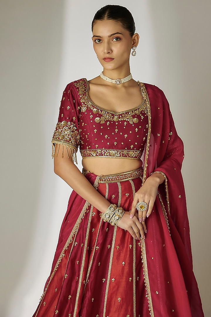 Red & Rust Silk Chanderi Hand-Embroidered Wedding Lehenga Set by Essay by Sumedha Agrawal at Pernia's Pop Up Shop