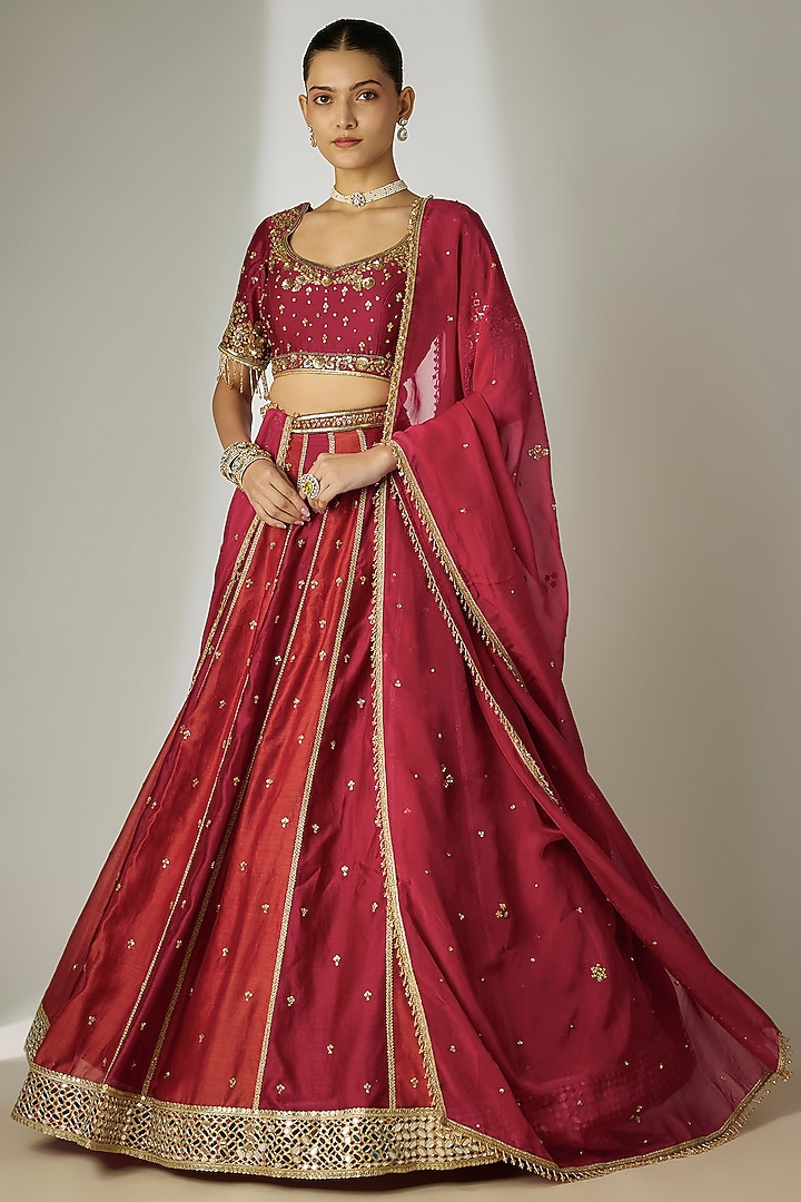 Red & Rust Silk Chanderi Hand-Embroidered Wedding Lehenga Set by Essay by Sumedha Agrawal at Pernia's Pop Up Shop