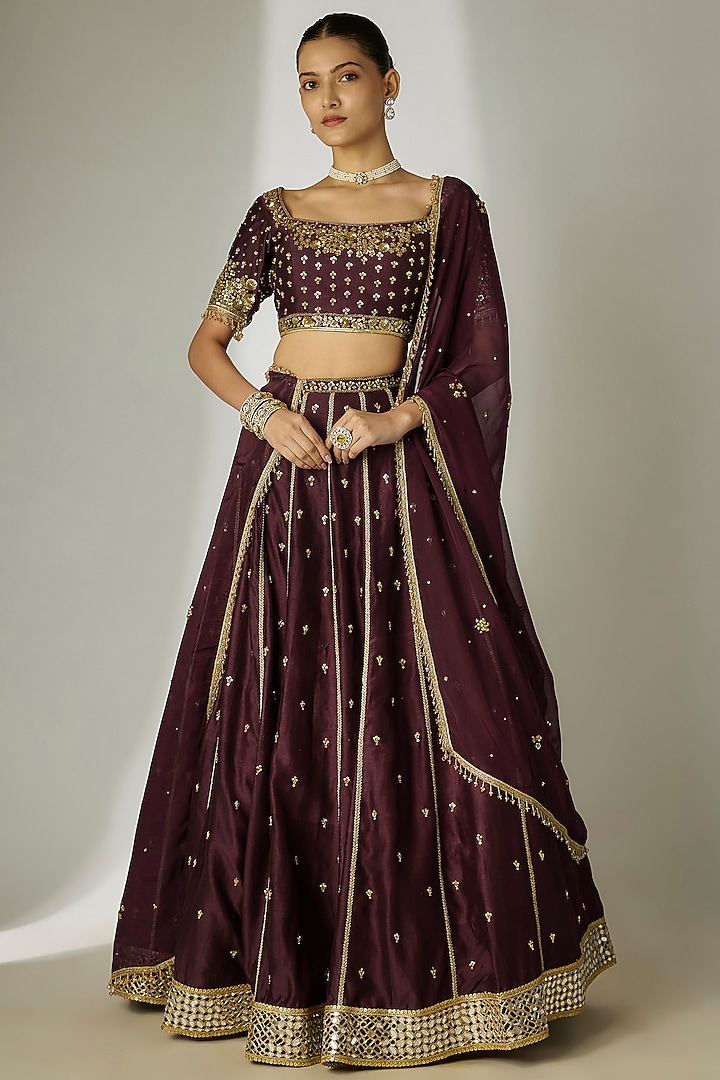 Brown Silk Chanderi Sequins Embroidered Wedding Lehenga Set by Essay by Sumedha Agrawal at Pernia's Pop Up Shop