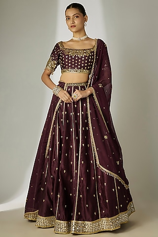 Brown Silk Chanderi Sequins Embroidered Lehenga Set by Essay by Sumedha Agrawal