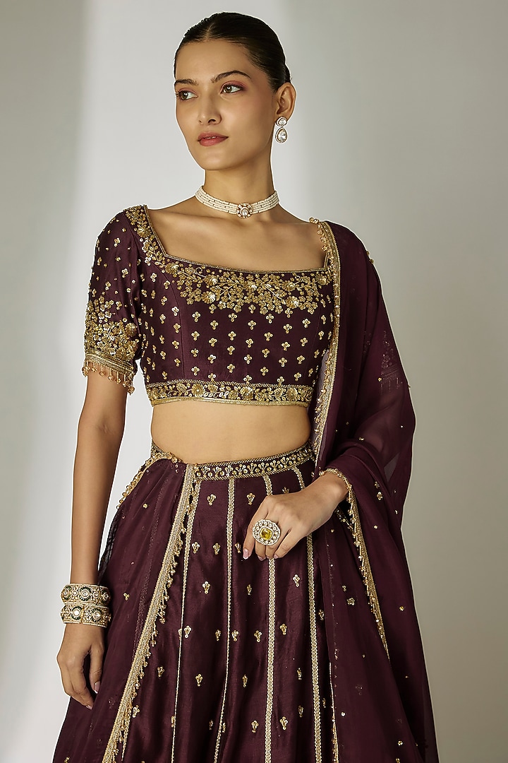 Brown Silk Chanderi Sequins Embroidered Wedding Lehenga Set by Essay by Sumedha Agrawal at Pernia's Pop Up Shop