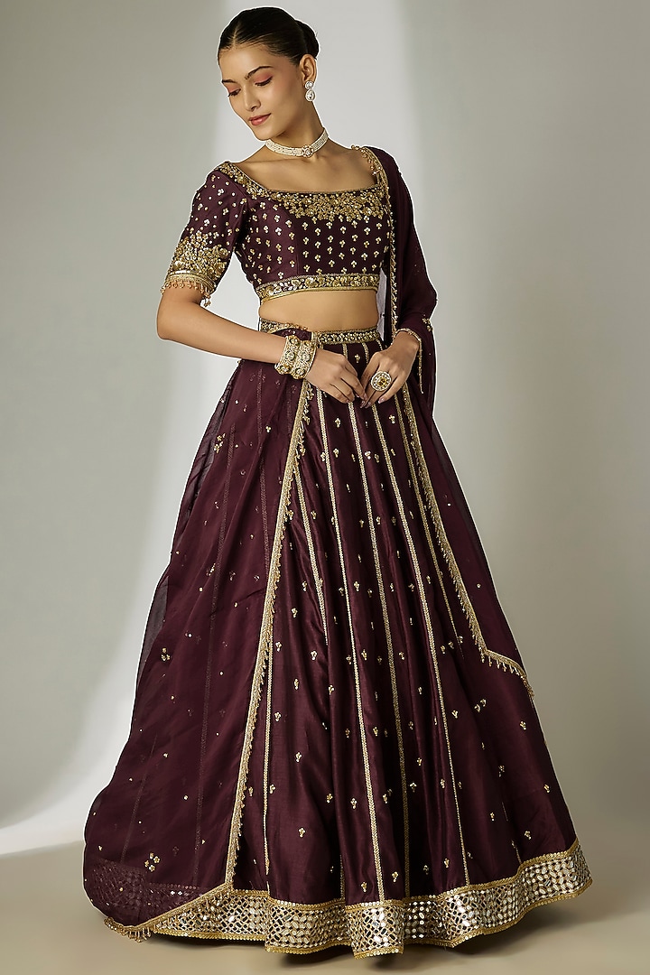 Brown Silk Chanderi Sequins Embroidered Wedding Lehenga Set by Essay by Sumedha Agrawal at Pernia's Pop Up Shop