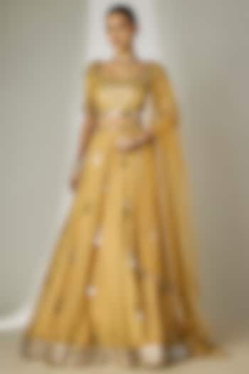 Gold Crushed Silk Tissue Hand Embroidered Wedding Lehenga Set by Essay by Sumedha Agrawal at Pernia's Pop Up Shop