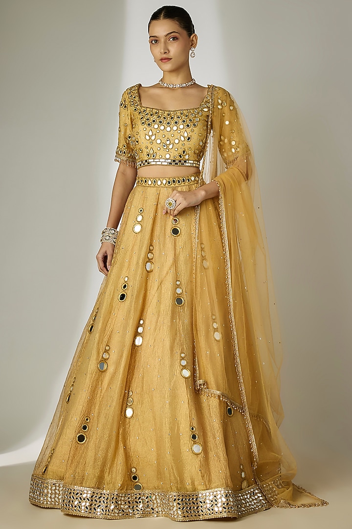 Gold Crushed Silk Tissue Hand Embroidered Wedding Lehenga Set by Essay by Sumedha Agrawal at Pernia's Pop Up Shop