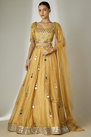 Gold Crushed Silk Tissue Hand Embroidered Lehenga Set by Essay by Sumedha Agrawal