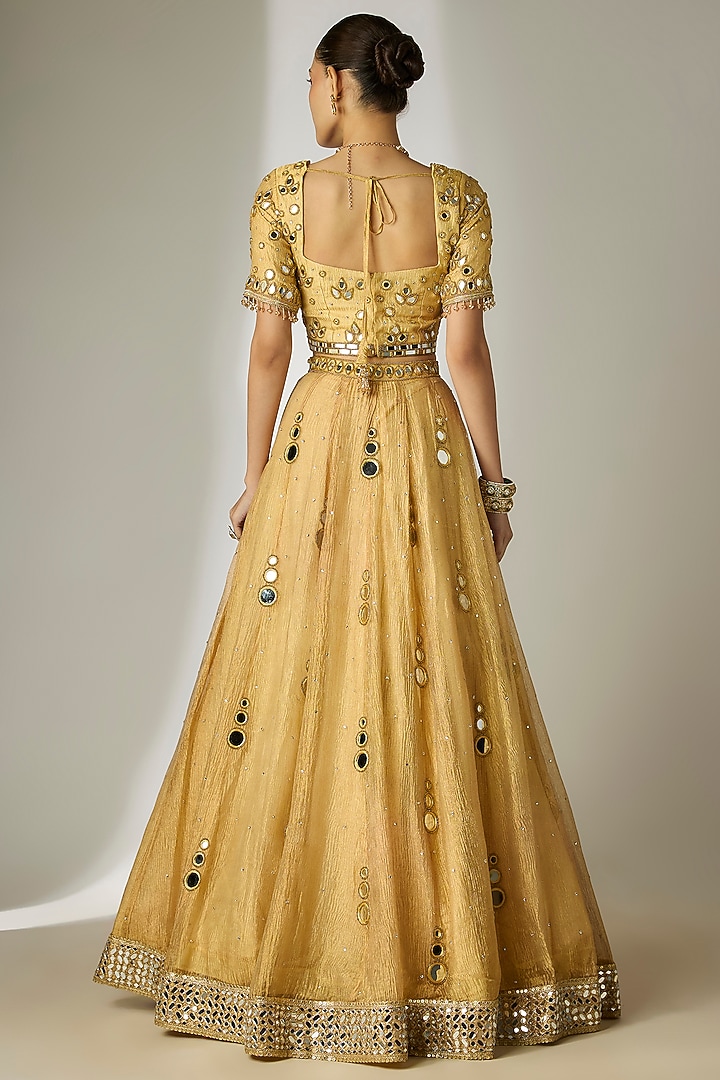 Gold Crushed Silk Tissue Hand Embroidered Wedding Lehenga Set by Essay by Sumedha Agrawal at Pernia's Pop Up Shop