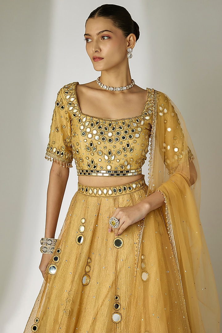 Gold Crushed Silk Tissue Hand Embroidered Wedding Lehenga Set by Essay by Sumedha Agrawal at Pernia's Pop Up Shop