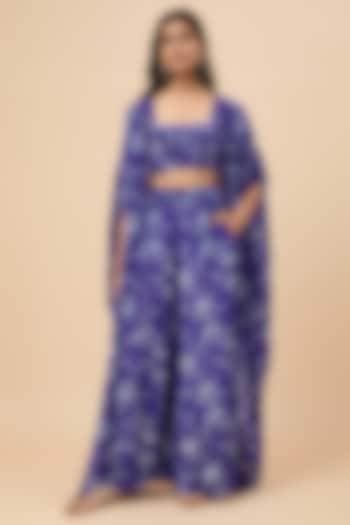 Blue Natural Crepe Hand Embroidered & Floral Printed Cape Set by Essay by Sumedha Agrawal