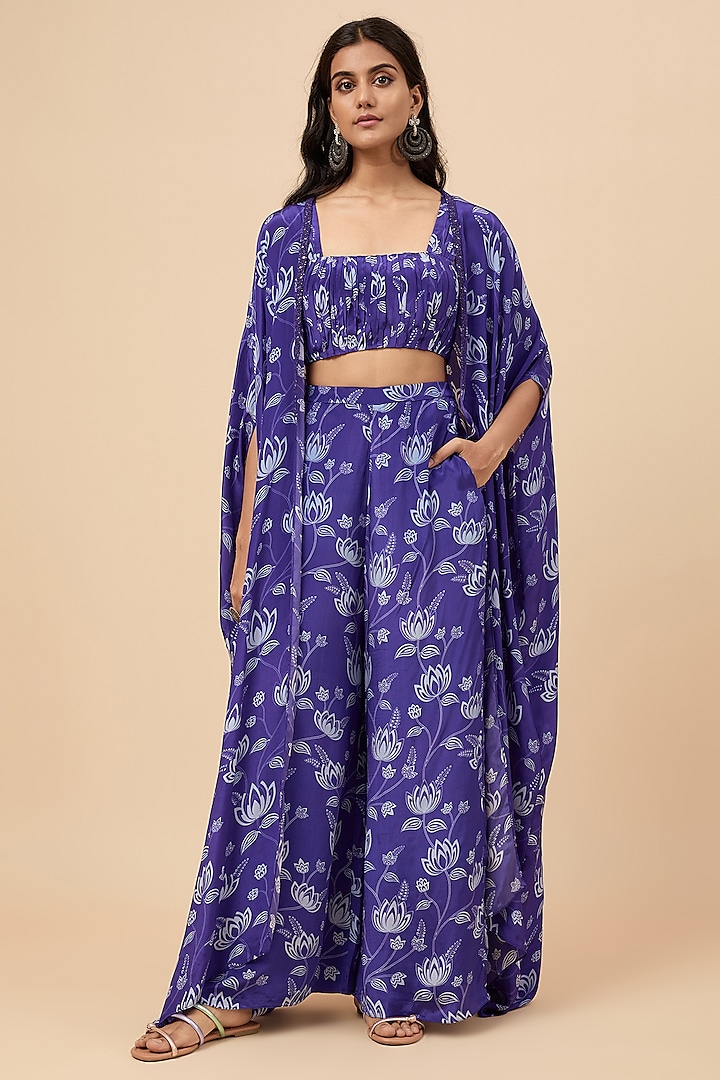 Blue Natural Crepe Hand Embroidered & Floral Printed Cape Set by Essay by Sumedha Agrawal
