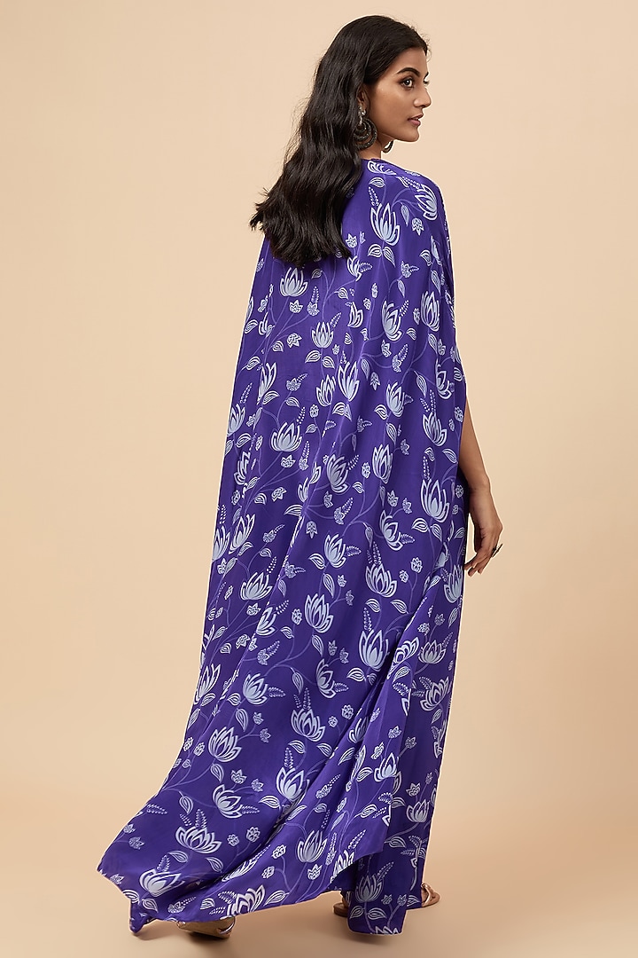 Blue Natural Crepe Hand Embroidered & Floral Printed Cape Set by Essay by Sumedha Agrawal at Pernia's Pop Up Shop