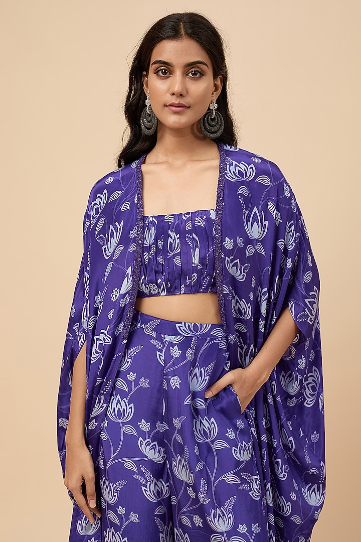 Blue Natural Crepe Hand Embroidered & Floral Printed Cape Set by Essay by Sumedha Agrawal at Pernia's Pop Up Shop