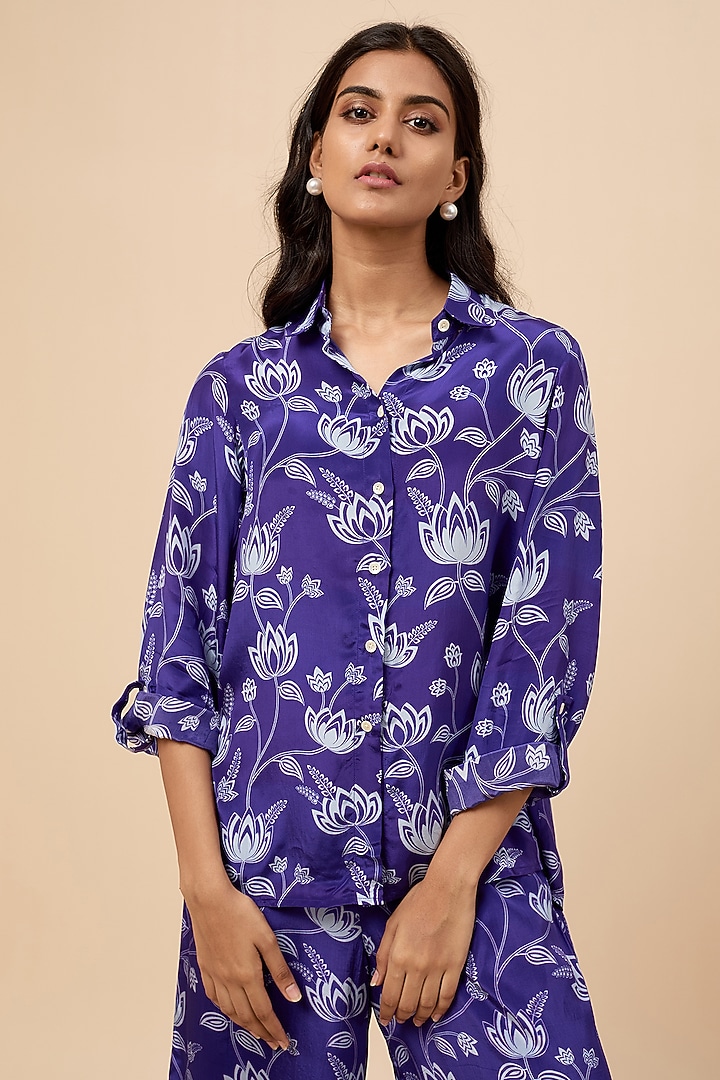 Blue Natural Crepe Floral Printed Co-Ord Set by Essay by Sumedha Agrawal at Pernia's Pop Up Shop