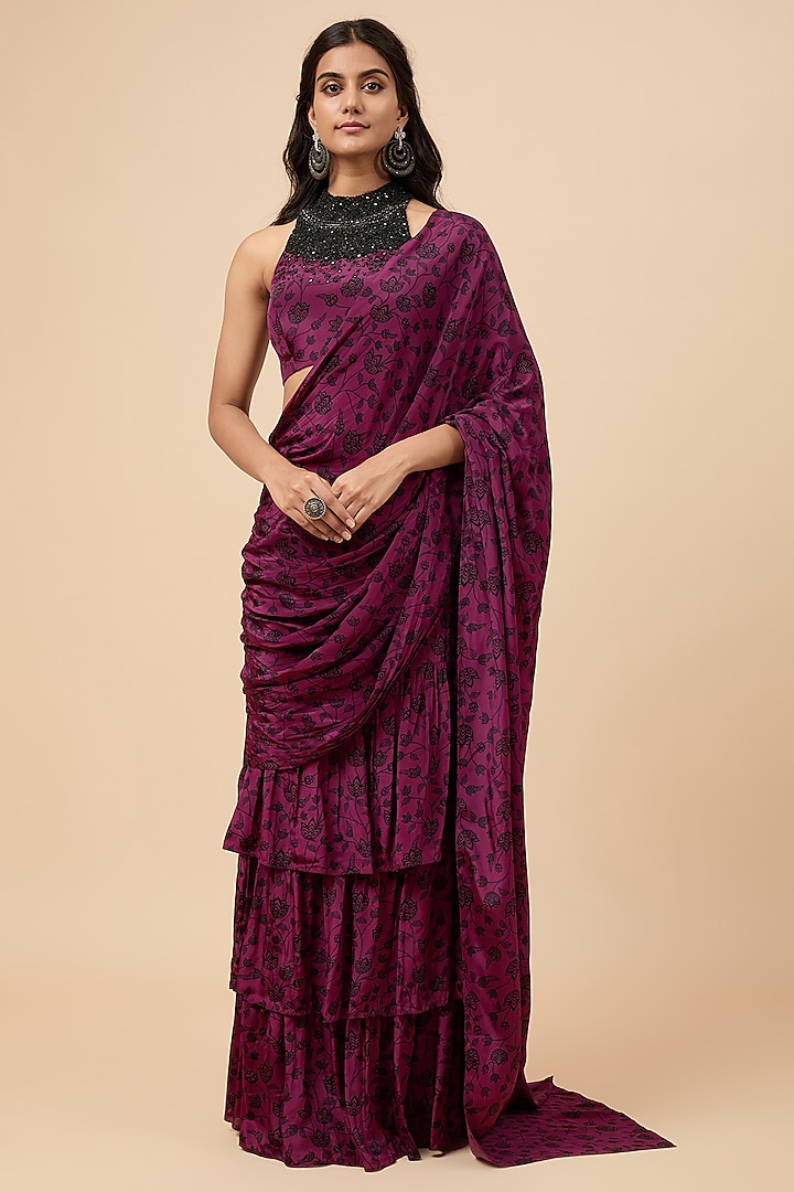 Wine Natural Crepe Floral Printed Pre-Stitched Ruffled Saree Set by Essay by Sumedha Agrawal