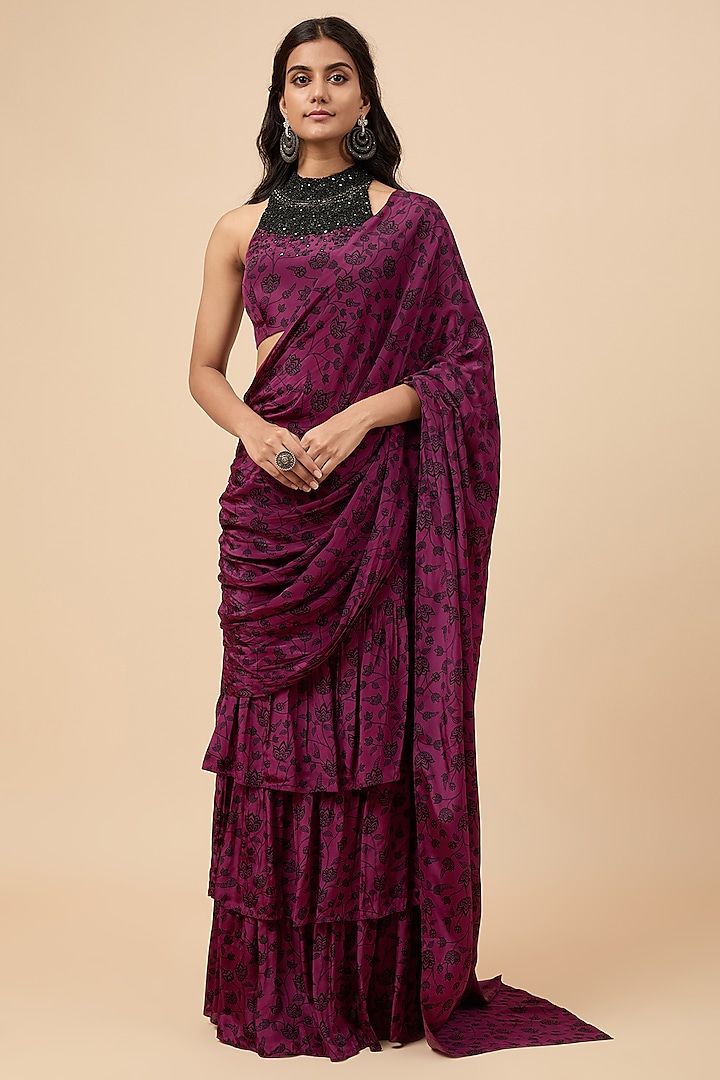 Wine Natural Crepe Floral Printed Pre-Stitched Ruffled Saree Set by Essay by Sumedha Agrawal at Pernia's Pop Up Shop