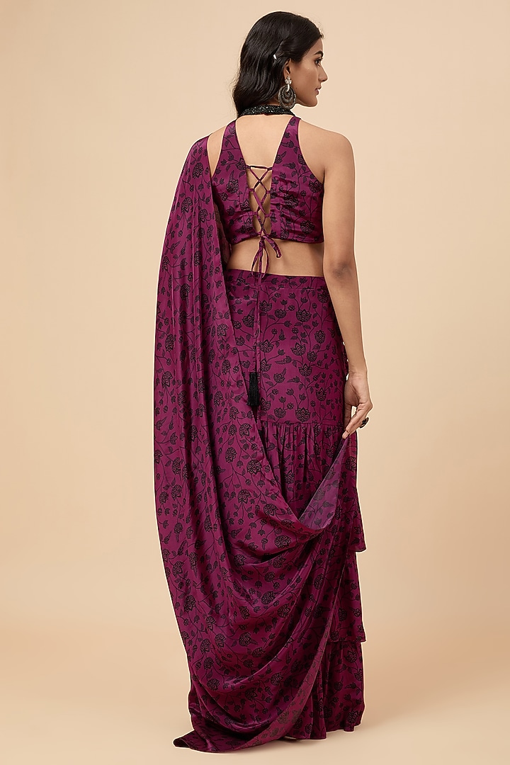 Wine Natural Crepe Floral Printed Pre-Stitched Ruffled Party Wear Saree Set by Essay by Sumedha Agrawal at Pernia's Pop Up Shop