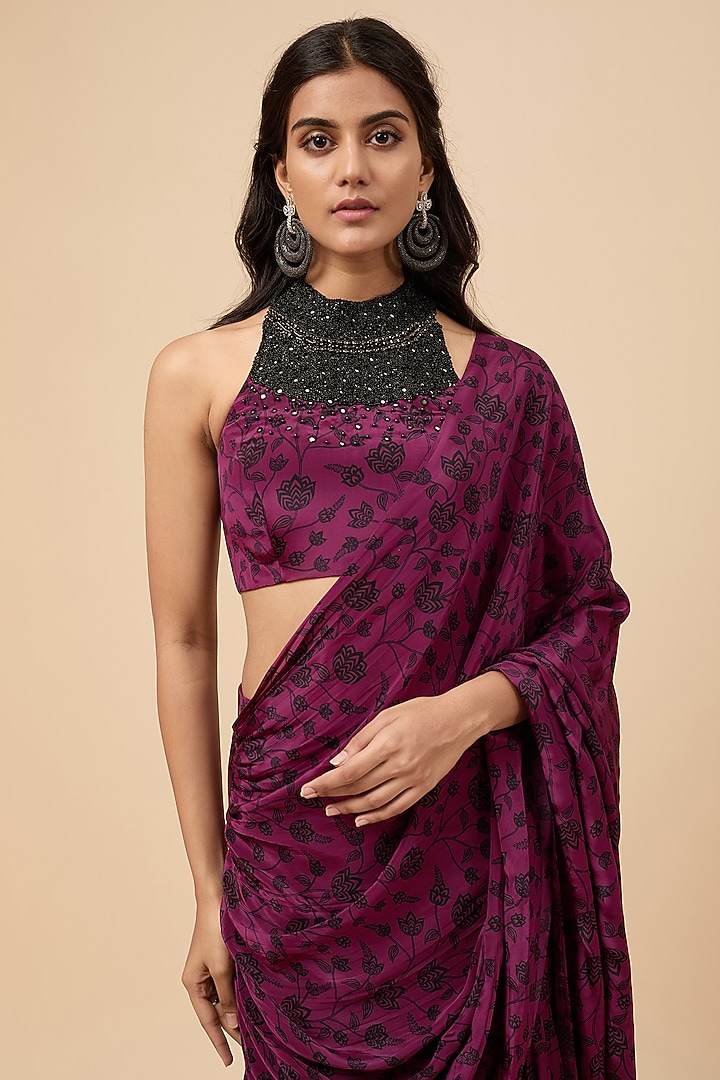 Wine Natural Crepe Floral Printed Pre-Stitched Ruffled Party Wear Saree Set by Essay by Sumedha Agrawal at Pernia's Pop Up Shop