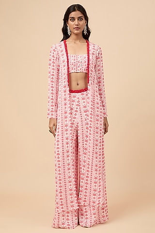 White Double Georgette Hand Embroidered & Floral Printed Jacket Set by Essay by Sumedha Agrawal