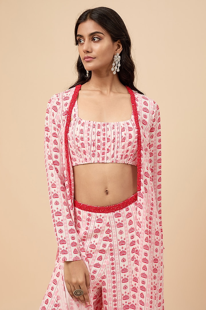 White Double Georgette Hand Embroidered & Floral Printed Jacket Set by Essay by Sumedha Agrawal at Pernia's Pop Up Shop