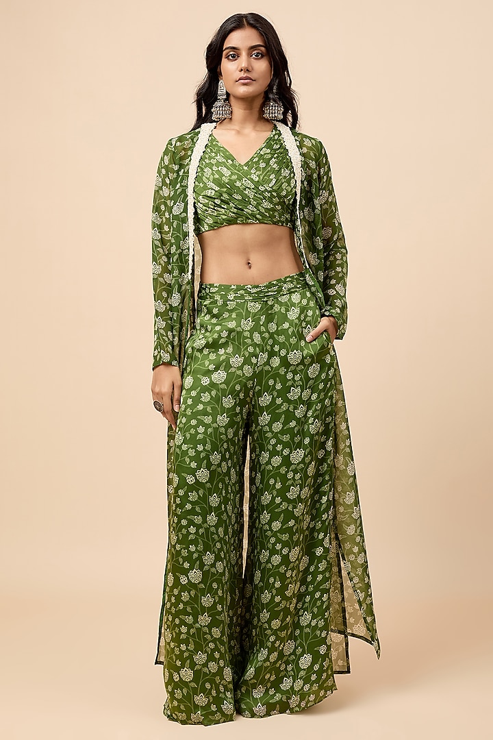 Green Natural Crepe Mirror Embroidered & Floral Printed Jacket Set by Essay by Sumedha Agrawal