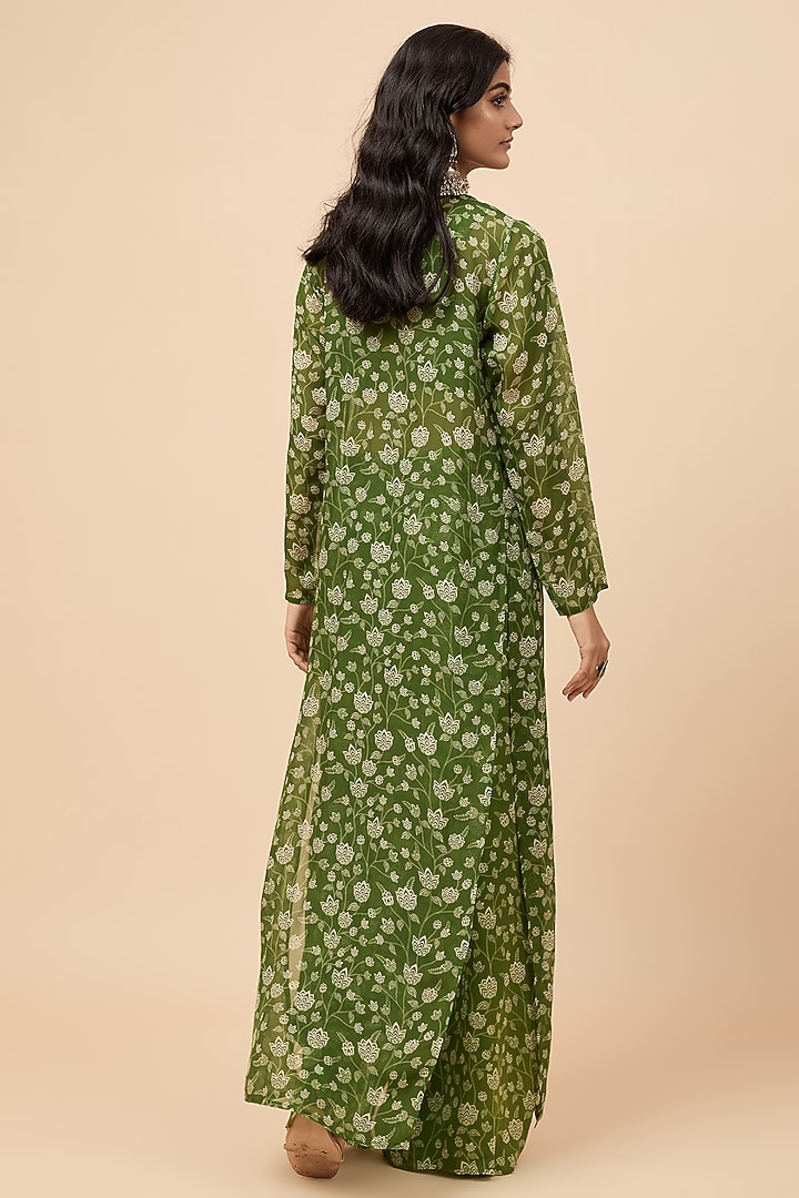 Green Natural Crepe Mirror Embroidered & Floral Printed Jacket Set by Essay by Sumedha Agrawal at Pernia's Pop Up Shop