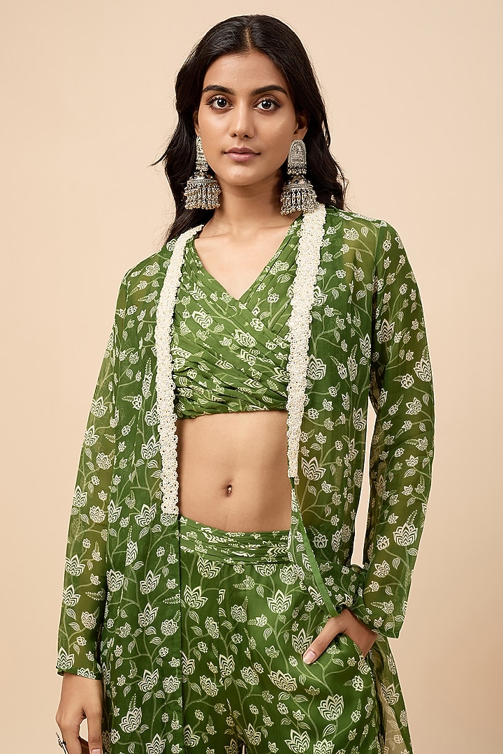 Green Natural Crepe Mirror Embroidered & Floral Printed Jacket Set by Essay by Sumedha Agrawal at Pernia's Pop Up Shop