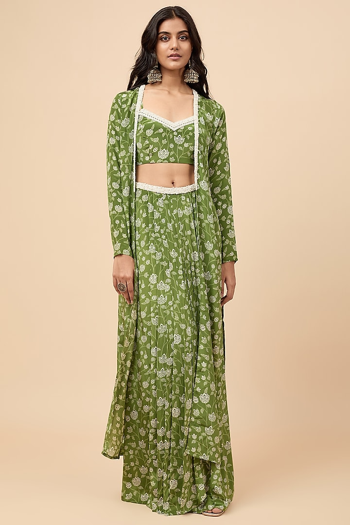 Green Natural Crepe Mirror Embroidered & Floral Printed Jacket Set by Essay by Sumedha Agrawal