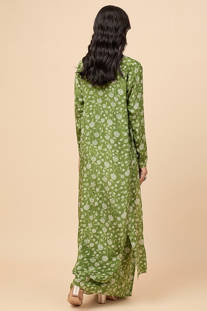 Green Natural Crepe Mirror Embroidered & Floral Printed Jacket Set by Essay by Sumedha Agrawal at Pernia's Pop Up Shop